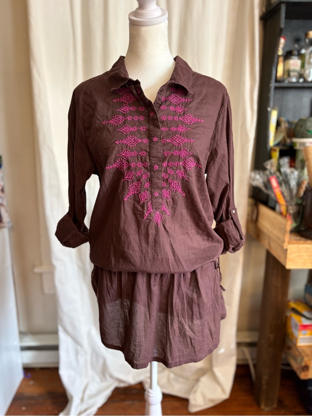 Prana Brown Tunic Top with Pink Embroidery